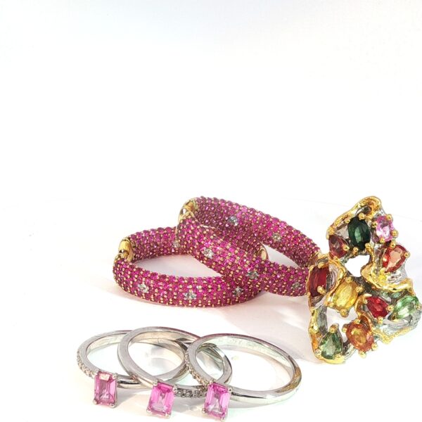 Luxury 18K White Gold Precious Gemstone and Natural Diamond 3 Stack Ring Set- Amarocks LUX - Image 4